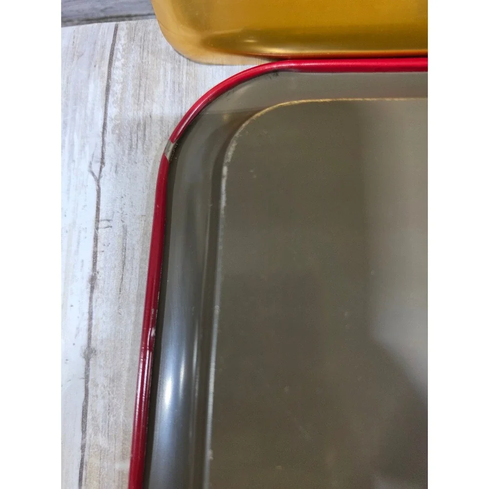 Vintage Neocraft Everlast Gold Etched Floral & Red Yellow Rose Metal Trays Set 2